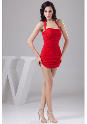 Sexy Column Halter Short Red Cocktail Prom Dress with Ruching