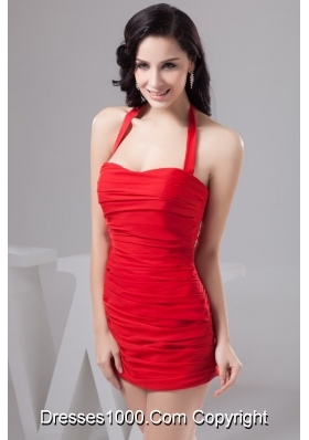 Sexy Column Halter Short Red Cocktail Prom Dress with Ruching