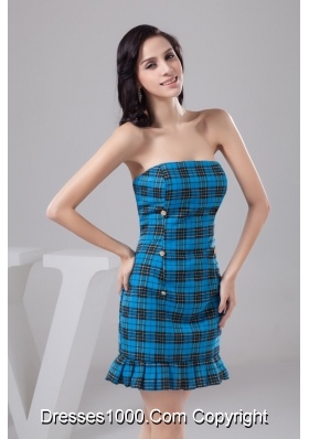 Sheath Strapless Mini-length Plaid Blue Prom Dress for Girls Special Fabric