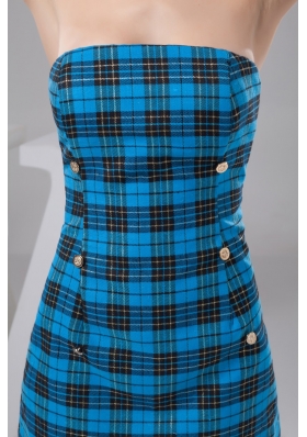 Sheath Strapless Mini-length Plaid Blue Prom Dress for Girls Special Fabric