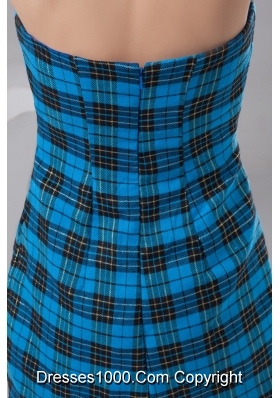 Sheath Strapless Mini-length Plaid Blue Prom Dress for Girls Special Fabric