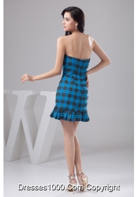 Sheath Strapless Mini-length Plaid Blue Prom Dress for Girls Special Fabric