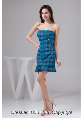 Sheath Strapless Mini-length Plaid Blue Prom Dress for Girls Special Fabric