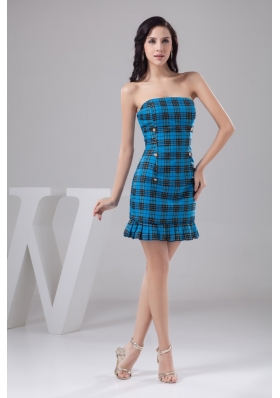 Sheath Strapless Mini-length Plaid Blue Prom Dress for Girls Special Fabric