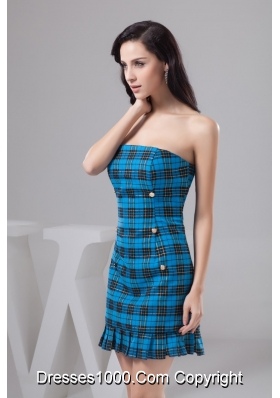 Sheath Strapless Mini-length Plaid Blue Prom Dress for Girls Special Fabric