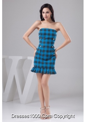 Sheath Strapless Mini-length Plaid Blue Prom Dress for Girls Special Fabric