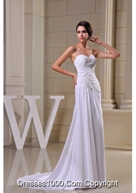 Sweetheart Brush Train Wedding Dresses in White Decorated with Beading and Ruching