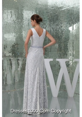 V-neck Sheath Lace Wedding Dress in Gray Decorated with Bowknot