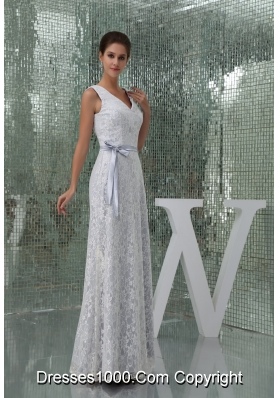 V-neck Sheath Lace Wedding Dress in Gray Decorated with Bowknot