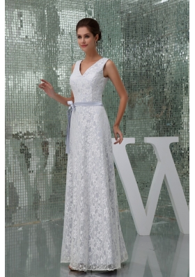 V-neck Sheath Lace Wedding Dress in Gray Decorated with Bowknot