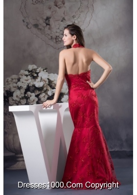 Wine Red Halter-Top Prom Gown with Embroidery and Beading for Party