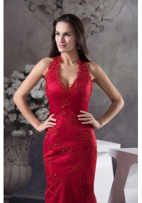 Wine Red Halter-Top Prom Gown with Embroidery and Beading for Party