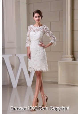 Lace Flowers Scoop Sheath Wedding Dresses in White with 3/4 Sleeves