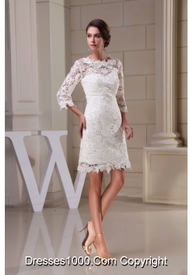 Lace Flowers Scoop Sheath Wedding Dresses in White with 3/4 Sleeves