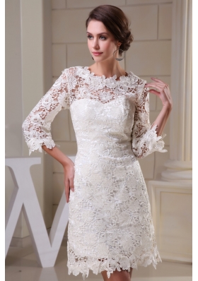 Lace Flowers Scoop Sheath Wedding Dresses in White with 3/4 Sleeves