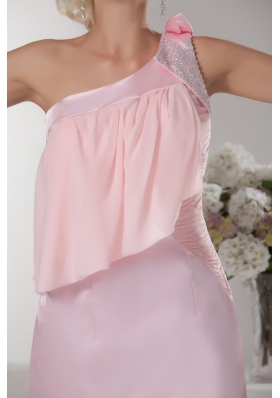 One Shoulder Mini-length Beaded Ruched Prom Dress in Baby Pink