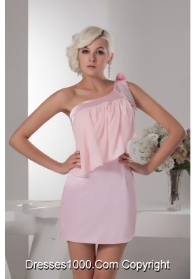 One Shoulder Mini-length Beaded Ruched Prom Dress in Baby Pink