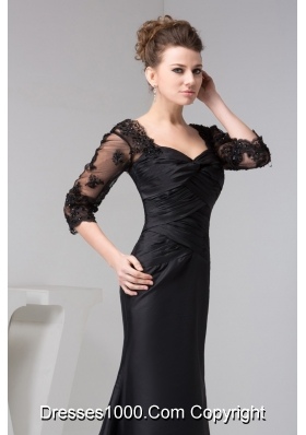 Square Ruched Black Mermaid Prom Dresses with 3/4 Sleeves