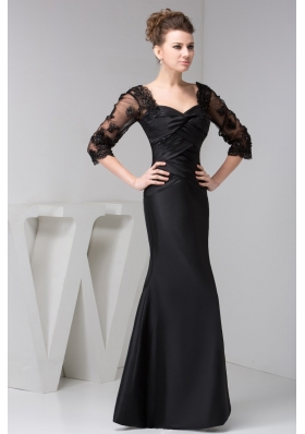 Square Ruched Black Mermaid Prom Dresses with 3/4 Sleeves