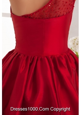 A-line Knee-length One Shoulder Beaded Wine Red Prom Dress