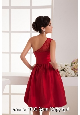 A-line Knee-length One Shoulder Beaded Wine Red Prom Dress