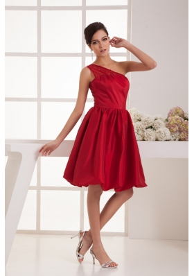 A-line Knee-length One Shoulder Beaded Wine Red Prom Dress