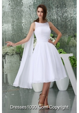 Affordable Scoop A-line Tea-length Bridal Gown in White withh Watteau Train