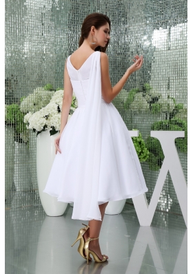 Affordable Scoop A-line Tea-length Bridal Gown in White withh Watteau Train