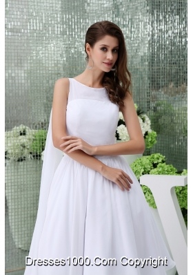 Affordable Scoop A-line Tea-length Bridal Gown in White withh Watteau Train