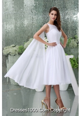 Affordable Scoop A-line Tea-length Bridal Gown in White withh Watteau Train