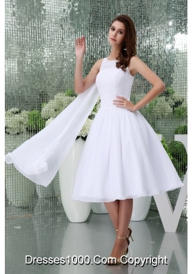 Affordable Scoop A-line Tea-length Bridal Gown in White withh Watteau Train