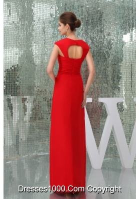 Ankle-length Square Neck Ruched Red Prom Dress with Cutouts on Back