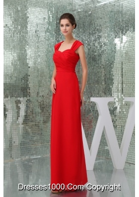 Ankle-length Square Neck Ruched Red Prom Dress with Cutouts on Back