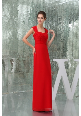 Ankle-length Square Neck Ruched Red Prom Dress with Cutouts on Back