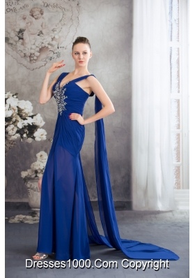 Beaded and Ruched Royal Blue Prom Formal Dress with Watteau Train