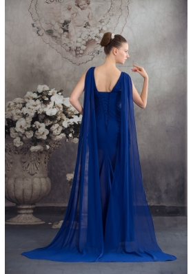 Beaded and Ruched Royal Blue Prom Formal Dress with Watteau Train