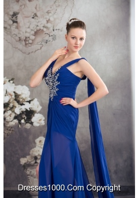 Beaded and Ruched Royal Blue Prom Formal Dress with Watteau Train