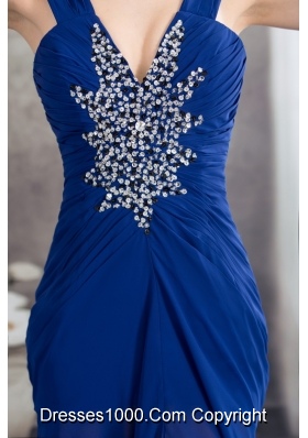 Beaded and Ruched Royal Blue Prom Formal Dress with Watteau Train