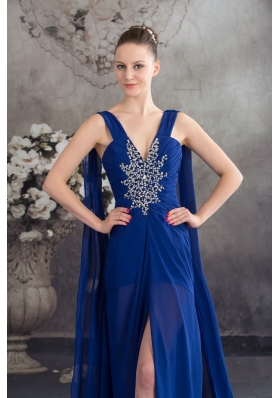 Beaded and Ruched Royal Blue Prom Formal Dress with Watteau Train