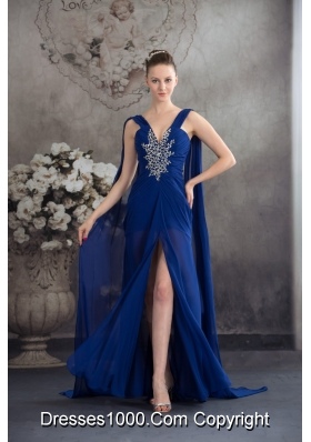 Beaded and Ruched Royal Blue Prom Formal Dress with Watteau Train