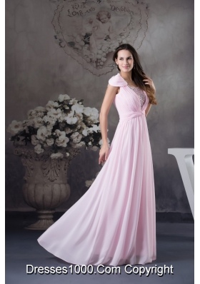 Beading and Ruching Accent Pink Prom Celebrity Dress with Cap Sleeves