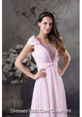 Beading and Ruching Accent Pink Prom Celebrity Dress with Cap Sleeves