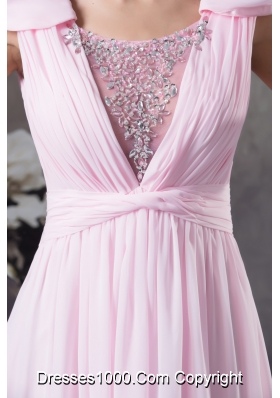 Beading and Ruching Accent Pink Prom Celebrity Dress with Cap Sleeves