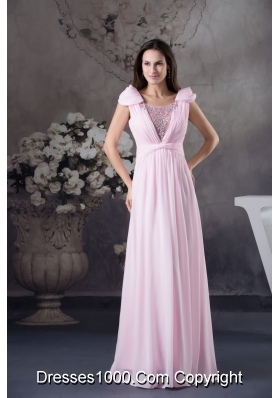 Beading and Ruching Accent Pink Prom Celebrity Dress with Cap Sleeves