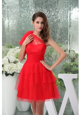 Beautiful Red One Shoulder Mini-length Tulle Prom Dress