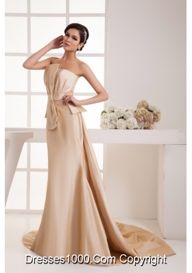 Bowknot Ruches Champagne Prom Dress with Watteau Train