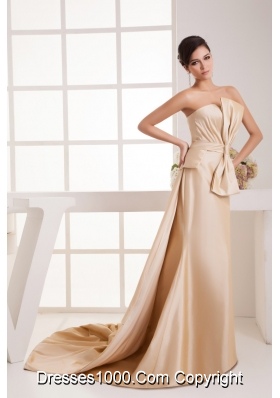 Bowknot Ruches Champagne Prom Dress with Watteau Train