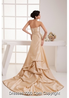 Bowknot Ruches Champagne Prom Dress with Watteau Train