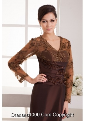 Brown Brush Train Prom Dress with Long Sleeves and Appliques