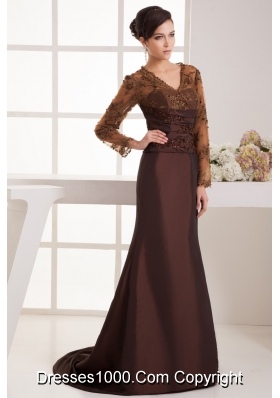 Brown Brush Train Prom Dress with Long Sleeves and Appliques